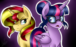 Size: 1750x1100 | Tagged: safe, artist:jack-pie, sci-twi, sunset shimmer, twilight sparkle, alicorn, pony, unicorn, equestria girls, g4, my little pony equestria girls: friendship games, equestria girls ponified, glasses, intro, looking at each other, looking at someone, nervous, ponified, scene interpretation, sci-twilicorn, suspicious