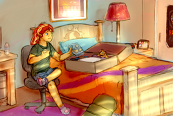 Size: 1787x1200 | Tagged: safe, artist:cuttledreams, sunset shimmer, equestria girls, g4, bed, bedroom, chair, female, food, muffin, newbie artist training grounds, packing, sitting, solo, suitcase