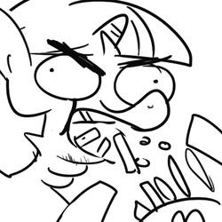 Size: 512x512 | Tagged: safe, artist:tjpones, twilight sparkle, pony, unicorn, g4, black and white, eating, eyebrows, food, french fries, grayscale, meme, messy eating, monochrome, simple background, special eyes, thick eyebrows, triple chin, white background