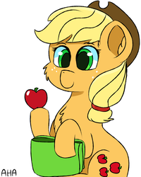 Size: 1600x2000 | Tagged: safe, artist:an-honest-appul, applejack, g4, apple, chest fluff, female, food, newbie artist training grounds, saddle bag, solo