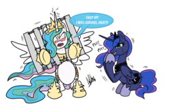 Size: 1280x828 | Tagged: safe, artist:ladyanidraws, princess celestia, princess luna, g4, angry, belly, blushing, both cutie marks, crying, fence, glare, grin, laughing, majestic as fuck, newbie artist training grounds, open mouth, royal sisters, shivering, simple background, sitting, smiling, snickering, spread wings, stuck, tears of laughter, this will end in tears and/or a journey to the moon, transparent background, unamused