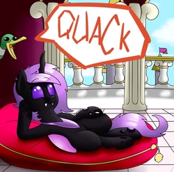 Size: 885x873 | Tagged: source needed, safe, artist:victoreach, oc, oc only, oc:queen aze, changeling, duck, armpits, cushion, draw me like one of your french girls, fanfic art, fanfic cover, op, purple changeling, quack