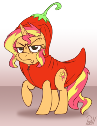 Size: 823x1066 | Tagged: safe, artist:pirill, sunset shimmer, pony, unicorn, g4, angry, atg 2016, chili pepper, chili pepper costume, clothes, costume, female, food, food costume, newbie artist training grounds, pepper, pepper costume, red peppers, solo, sunset shimmer dressing up as food, sunset shimmer is not amused, unamused