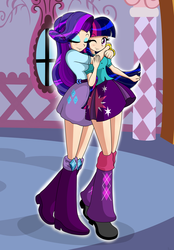 Size: 2085x2988 | Tagged: safe, artist:derpyramone, rarity, twilight sparkle, equestria girls, g4, carousel boutique, clothes, eyes closed, female, high res, lesbian, one eye closed, ship:rarilight, shipping, skirt, twilight sparkle (alicorn)