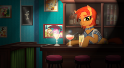 Size: 1024x567 | Tagged: safe, artist:fermin-tenava, oc, oc only, oc:orange sunstar, earth pony, pony, bar, drinking glass, earth pony oc, food, nightclub