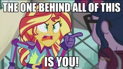 Size: 1920x1080 | Tagged: safe, edit, edited screencap, screencap, sci-twi, sunset shimmer, twilight sparkle, equestria girls, g4, my little pony equestria girls: friendship games, caption, image macro, meme, professor layton, sunset yells at twilight