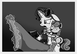 Size: 1059x747 | Tagged: safe, artist:28gooddays, rarity, sweetie belle, pony, robot, robot pony, unicorn, g4, black and white, eyes closed, female, filly, floppy ears, foal, glowing horn, goggles, grayscale, hooves, horn, hug, levitation, magic, mare, monochrome, open mouth, roboticist, sweetie bot, telekinesis