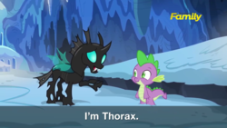 Size: 1280x720 | Tagged: safe, screencap, spike, thorax, changeling, g4, official, the times they are a changeling, discovery family logo, subtitles