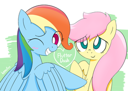 Size: 2100x1500 | Tagged: safe, artist:kemofoo, fluttershy, rainbow dash, pony, g4, alternate hairstyle, blushing, cute, dashabetes, duo, female, hairstyle swap, lesbian, looking at you, mane swap, mare, one eye closed, ship:flutterdash, shipping, shyabetes, wink