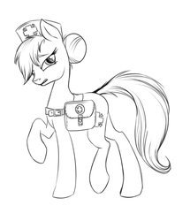 Size: 773x900 | Tagged: safe, artist:28gooddays, nurse redheart, earth pony, pony, g4, bag, better source needed, black and white, female, grayscale, grimace, gritted teeth, hair bun, hat, looking at you, looking sideways, mare, monochrome, nurse, nurse hat, open mouth, raised hooves, saddle bag, side view, simple background, sketch, solo, walking, white background
