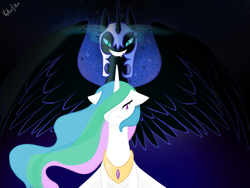 Size: 1024x768 | Tagged: safe, artist:drawitwriteit, nightmare moon, princess celestia, pony, g4, duo