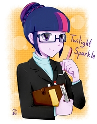 Size: 763x980 | Tagged: safe, artist:aka-ryuga, twilight sparkle, equestria girls, g4, alternate universe, book, business suit, clothes, cute, female, looking at you, pen, smiling, solo, twiabetes, twilight sparkle (alicorn)