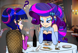 Size: 1742x1198 | Tagged: source needed, useless source url, safe, artist:derpyramone, part of a set, rarity, twilight sparkle, equestria girls, g4, alternate hairstyle, bedroom eyes, breasts, cleavage, clothes, dinner, dress, eating, evening gloves, fancy, fanfic art, female, flirting, food, gloves, grin, hair bun, human coloration, lesbian, question mark, restaurant, ship:rarilight, shipping, smiling, twilight sparkle (alicorn)