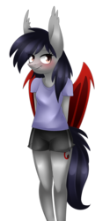 Size: 899x1794 | Tagged: safe, artist:scarlet-spectrum, oc, oc only, oc:scarlet spectrum, bat pony, anthro, blushing, clothes, cute, fangs, shorts, simple background, solo, transparent background