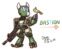 Size: 1200x961 | Tagged: safe, artist:ogre, bird, pony, robot, robot pony, bastion (overwatch), hoof hold, looking at something, overwatch, pixiv, ponified, solo, video game