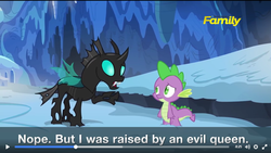 Size: 1102x622 | Tagged: safe, screencap, spike, thorax, changeling, g4, official, the times they are a changeling, discovery family logo, facebook, subtitles