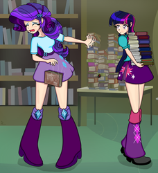 Size: 1944x2134 | Tagged: safe, artist:derpyramone, part of a set, rarity, twilight sparkle, spider, equestria girls, g4, book, clothes, eyes closed, fanfic art, female, human coloration, lesbian, library, scared, screaming, ship:rarilight, shipping, skirt, twilight sparkle (alicorn)