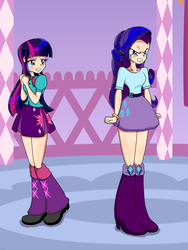 Size: 1944x2592 | Tagged: source needed, useless source url, safe, artist:derpyramone, part of a set, rarity, twilight sparkle, equestria girls, g4, angry, argument, carousel boutique, clothes, crying, fanfic, fanfic art, female, heartbreak, human coloration, lesbian, sad, ship:rarilight, shipping, skirt, twilight sparkle (alicorn)