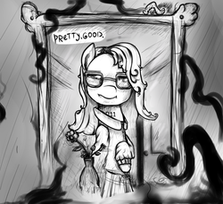 Size: 708x647 | Tagged: safe, artist:cookiedesu, pony, worm, crossover, dialogue, eleven, flower, mirror, monochrome, stranger things, vase
