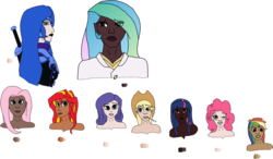 Size: 3397x1982 | Tagged: safe, artist:coldgoldlazarus, applejack, fluttershy, nightmare moon, pinkie pie, princess celestia, rainbow dash, rarity, sunset shimmer, twilight sparkle, human, g4, dark skin, ethnicities, humanized, mane six