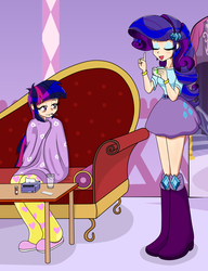 Size: 1944x2534 | Tagged: safe, artist:derpyramone, part of a set, rarity, twilight sparkle, equestria girls, g4, blanket, carousel boutique, clothes, cold, couch, fanfic art, human coloration, illness, medicine, nurse, ship:rarilight, shipping, sick, skirt, thermometer, twilight sparkle (alicorn)
