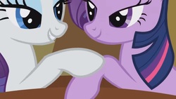 Size: 1366x768 | Tagged: safe, screencap, rarity, twilight sparkle, pony, g4, the crystal empire, lidded eyes, out of context