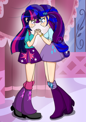 Size: 1800x2563 | Tagged: safe, artist:derpyramone, part of a set, rarity, twilight sparkle, equestria girls, g4, carousel boutique, clothes, eye contact, female, holding hands, human coloration, imminent kissing, lesbian, looking at each other, ship:rarilight, shipping, skirt, smiling, teary eyes