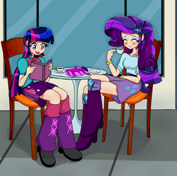 Size: 2170x2164 | Tagged: source needed, useless source url, safe, artist:derpyramone, part of a set, rarity, twilight sparkle, equestria girls, g4, book, cafe, clothes, cup, female, happy, high res, human coloration, lesbian, present, ship:rarilight, shipping, skirt, teacup