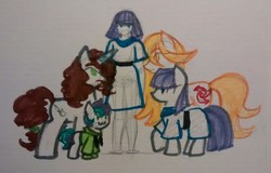 Size: 2280x1456 | Tagged: safe, artist:hippykat13, artist:sabokat, maud pie, oc, oc:kitty sweet, oc:mel, oc:silence, human, g4, >:3, human ponidox, humanized, size chart, size comparison, traditional art