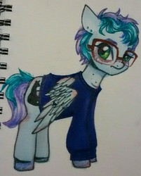 Size: 1075x1337 | Tagged: safe, artist:hippykat13, artist:sabokat, oc, oc only, oc:kitty sweet, pegasus, pony, bags under eyes, clothes, drool, fangs, freckles, glasses, piercing, ponysona, scar, short hair, short mane, solo, traditional art