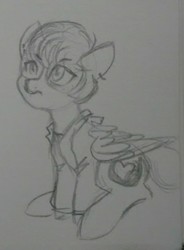 Size: 982x1331 | Tagged: safe, artist:hippykat13, artist:sabokat, oc, oc only, oc:kitty sweet, pegasus, pony, >:c, black and white, clothes, freckles, glasses, grayscale, hoodie, monochrome, piercing, ponysona, sketch, solo, traditional art