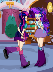 Size: 1915x2592 | Tagged: source needed, useless source url, safe, artist:derpyramone, part of a set, rarity, twilight sparkle, equestria girls, g4, carousel boutique, clothes, fanfic art, female, happy, human coloration, jewelry, lesbian, present, ship:rarilight, shipping, skirt, smiling, twilight sparkle (alicorn)