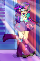 Size: 1854x2818 | Tagged: source needed, useless source url, safe, artist:derpyramone, part of a set, rarity, twilight sparkle, equestria girls, g4, blushing, carousel boutique, clothes, crepuscular rays, embrace, eyes closed, female, human coloration, kissing, lesbian, making out, raised leg, ship:rarilight, shipping, skirt, twilight sparkle (alicorn)