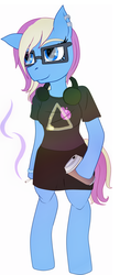 Size: 510x1171 | Tagged: safe, artist:evescintilla, oc, oc only, oc:eve scintilla, earth pony, anthro, unguligrade anthro, arm hooves, bipedal, clothes, coffee, glasses, headphones, hipster, hoof hold, smoking, t-shirt