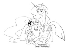 Size: 1280x828 | Tagged: safe, artist:silfoe, princess luna, twilight sparkle, oc, oc:pterus, alicorn, bat pony, pony, other royal book, g4, adopted offspring, backstory, black and white, colt, cute, dialogue, female, foal, grayscale, heartwarming, kneeling, lesbian, male, monochrome, parent:princess luna, parent:twilight sparkle, parents:twiluna, ship:twiluna, shipping, simple background, speech bubble, twilight sparkle (alicorn), white background
