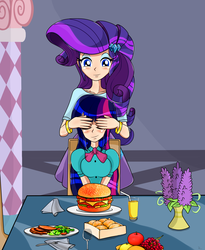 Size: 1858x2264 | Tagged: source needed, useless source url, safe, artist:derpyramone, part of a set, rarity, twilight sparkle, equestria girls, g4, burger, carousel boutique, covering eyes, female, food, hamburger, happy, human coloration, lesbian, meal, ship:rarilight, shipping, twilight burgkle, twilight sparkle (alicorn)