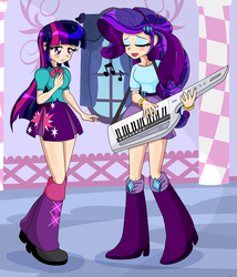 Size: 2338x2733 | Tagged: source needed, useless source url, safe, artist:derpyramone, part of a set, rarity, twilight sparkle, equestria girls, g4, blushing, carousel boutique, clothes, cute, eyes closed, female, high res, human coloration, keytar, lesbian, music notes, musical instrument, open mouth, ship:rarilight, shipping, singing, skirt, smiling, teary eyes, twiabetes, twilight sparkle (alicorn)