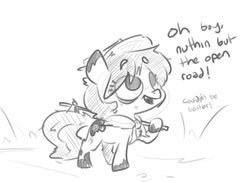 Size: 479x348 | Tagged: safe, artist:nobody, oc, oc only, bindle, dialogue, hobo pony, monochrome, solo