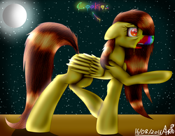 Size: 3612x2820 | Tagged: safe, artist:aritina, oc, oc only, oc:golden lily, pegasus, pony, 28 pranks later, g4, bloodshot eyes, cookie zombie, female, high res, long tail, mare, moon, night, pegasus oc, rainbow muzzle, request, solo, stars, wings