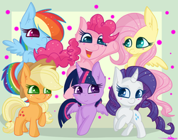 Size: 4332x3408 | Tagged: safe, artist:ashee, applejack, fluttershy, pinkie pie, rainbow dash, rarity, twilight sparkle, alicorn, earth pony, pegasus, pony, unicorn, g4, chibi, cute, dashabetes, diapinkes, group, heart, jackabetes, mane six, raribetes, shyabetes, twiabetes, twilight sparkle (alicorn), wingding eyes