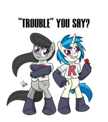 Size: 1000x1131 | Tagged: safe, artist:ladyanidraws, dj pon-3, octavia melody, vinyl scratch, pony, g4, bipedal, crossover, flower, newbie artist training grounds, pokémon, rose, team rocket