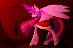 Size: 1500x1000 | Tagged: safe, artist:xxcron, twilight sparkle, alicorn, pony, g4, big crown thingy, boots, colored horn, corrupted twilight sparkle, crystal, curved horn, dark crystal, dark magic, darkness, element of magic, horn, jewelry, magic, regalia, shoes, sombra eyes, sombra horn, sombra's robe, tiara, twilight is anakin, twilight sparkle (alicorn), tyrant sparkle
