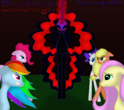 Size: 1962x1744 | Tagged: safe, artist:rosestardragonmp3, applejack, fluttershy, pinkie pie, rainbow dash, rarity, twilight sparkle, oc, oc:blacklight sparkle, alicorn, pony, comic:blacklight, g4, corrupted, fanfic, fanfic art, fanfic cover, mane six, twilight sparkle (alicorn), twilight vs mane 5