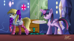 Size: 5000x2813 | Tagged: safe, artist:duskie-06, derpy hooves, twilight sparkle, alicorn, pony, g4, chest fluff, clothes, high res, magic, mouth hold, socks, striped socks, thief, twilight sparkle (alicorn), twilight sparkle is not amused, unamused