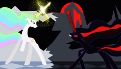 Size: 3098x1762 | Tagged: safe, artist:rosestardragonmp3, princess celestia, twilight sparkle, oc, oc:blacklight sparkle, alicorn, pony, unicorn, g4, corrupted, corrupted twilight sparkle, duo, ears back, ethereal mane, ethereal tail, evil smile, female, fight, grin, looking at each other, looking at someone, magic, magic aura, nightmare twilight, nightmarified, race swap, raised hoof, red sclera, smiling, tail, twilight is anakin, twilight sparkle (alicorn), tyrant sparkle, unicorn celestia, wingless
