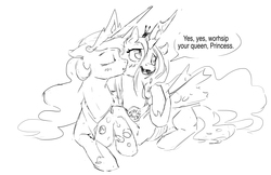 Size: 5100x3300 | Tagged: safe, artist:silfoe, princess celestia, queen chrysalis, alicorn, changeling, changeling queen, pony, other royal book, g4, black and white, blushing, cheek kiss, cuddling, cute, cutealis, cutelestia, dialogue, eyes closed, female, floppy ears, grayscale, hug, kissing, lesbian, mare, monochrome, open mouth, prone, ship:chryslestia, shipping, silfoe is trying to murder us, simple background, sketch, smiling, snuggling, speech bubble, white background