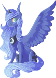 Size: 842x1168 | Tagged: safe, artist:crponies, princess luna, g4, ear fluff, female, simple background, sitting, smiling, solo, spread wings, transparent background