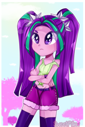 Size: 2100x3119 | Tagged: safe, artist:vixelzf, aria blaze, equestria girls, g4, bracelet, clothes, crossed arms, female, front knot midriff, high res, jewelry, midriff, pants, shorts, socks, solo, tank top, thigh highs, thigh socks