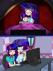 Size: 1944x2592 | Tagged: source needed, useless source url, safe, artist:derpyramone, part of a set, rarity, twilight sparkle, human, equestria girls, g4, carousel boutique, computer, computer mouse, desk, female, hug, humanized, internet, keyboard, laughing, lesbian, movie, movie night, scared, ship:rarilight, shipping, television
