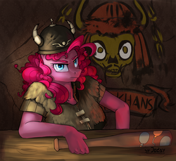 Size: 2600x2380 | Tagged: safe, artist:jedayskayvoker, pinkie pie, earth pony, anthro, g4, baseball bat, clothes, crossover, fallout, fallout: new vegas, female, great khans, helmet, high res, solo